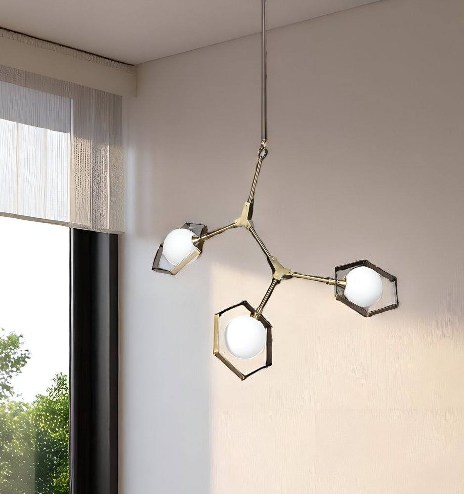Champagne Unique Statement Three Light Metal and Glass Dimmable Chandelier With White Shades — view 4