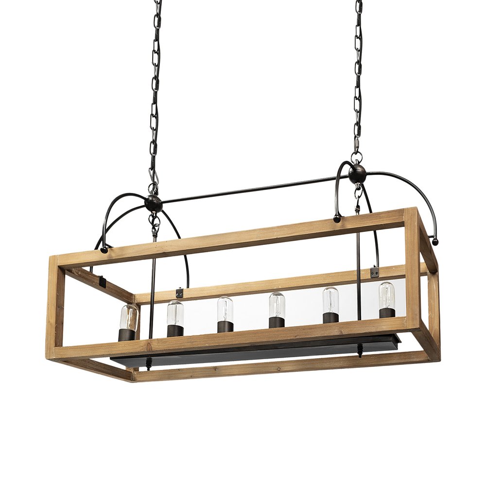 Natural And Black Candle Style Six Light Wood and Metal Dimmable Chandelier — view 1