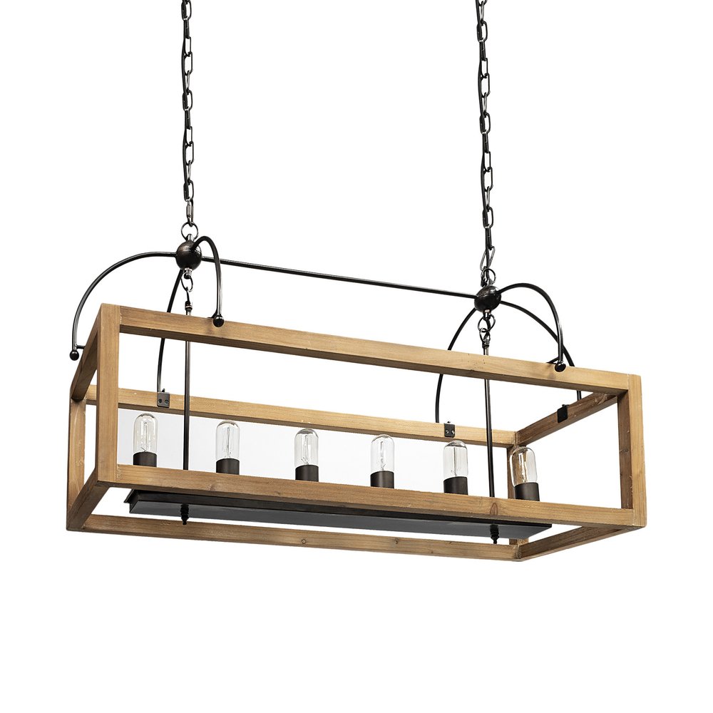 Natural And Black Candle Style Six Light Wood and Metal Dimmable Chandelier HomeRoots