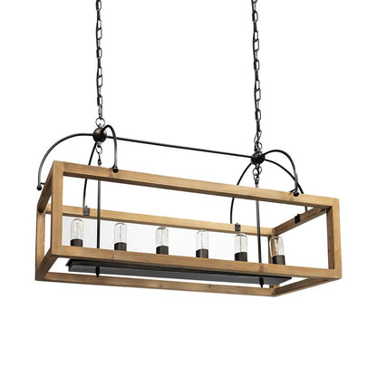 Natural And Black Candle Style Six Light Wood and Metal Dimmable Chandelier