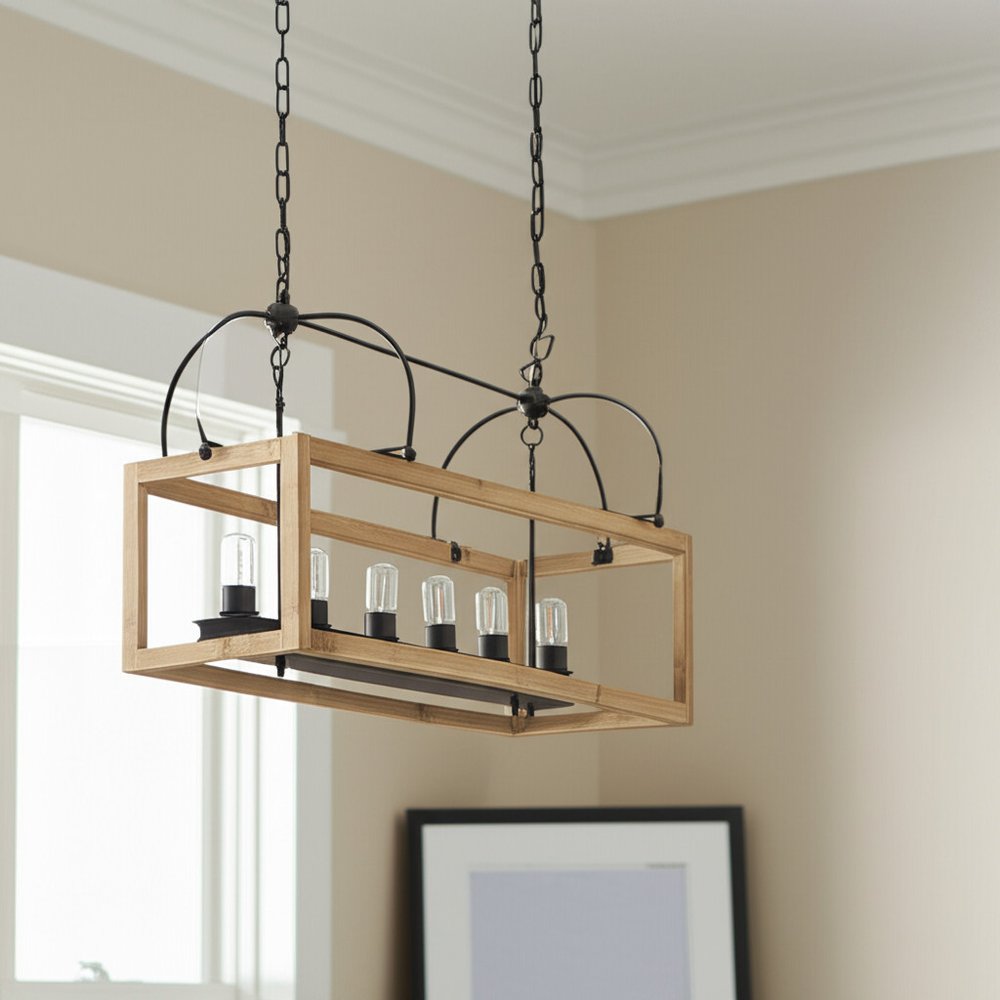 Natural And Black Candle Style Six Light Wood and Metal Dimmable Chandelier — view 4