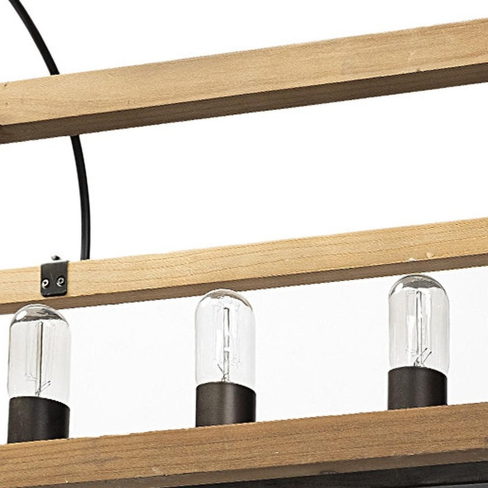 Natural And Black Candle Style Six Light Wood and Metal Dimmable Chandelier HomeRoots