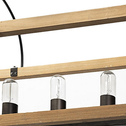 Natural And Black Candle Style Six Light Wood and Metal Dimmable Chandelier HomeRoots