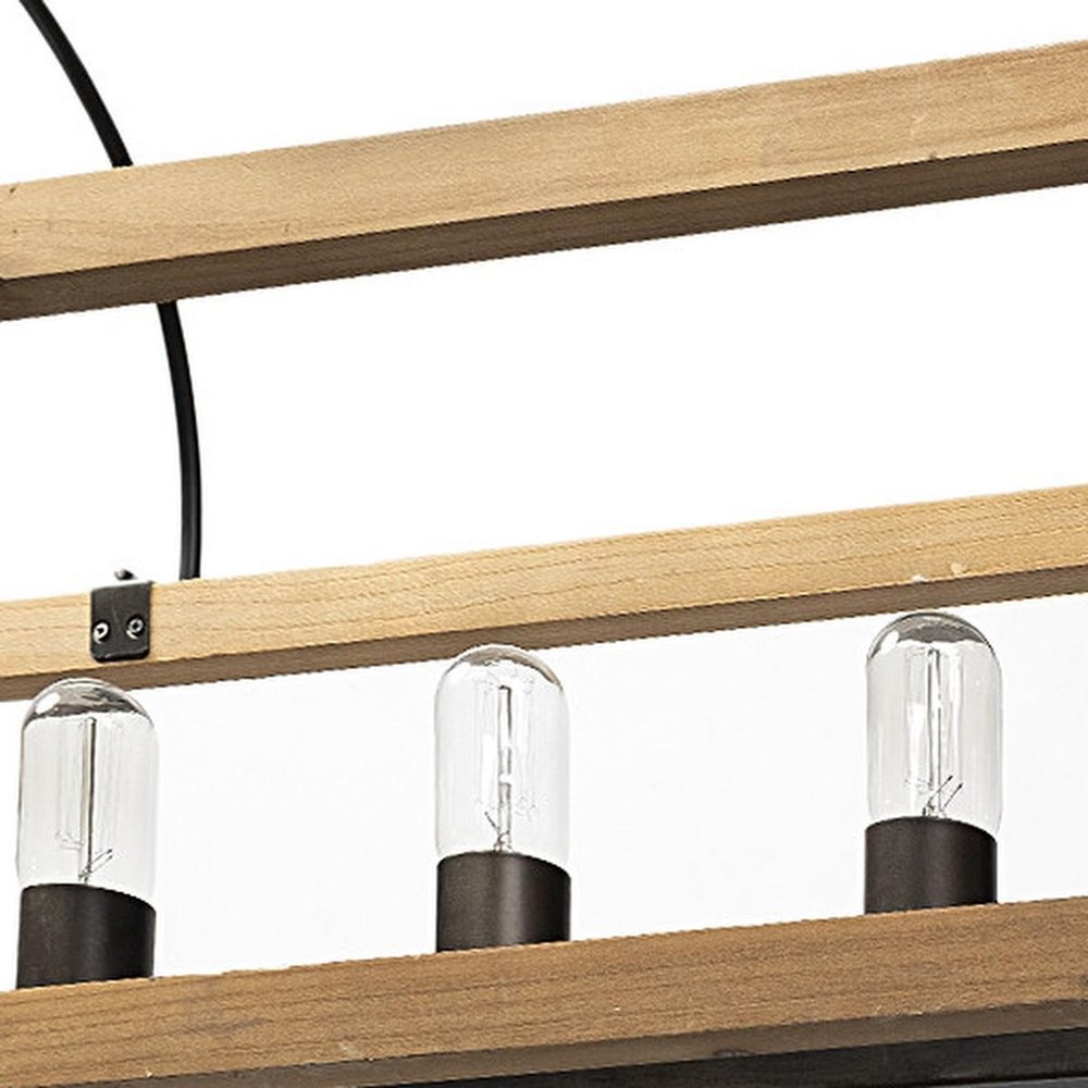 Natural And Black Candle Style Six Light Wood and Metal Dimmable Chandelier — view 6