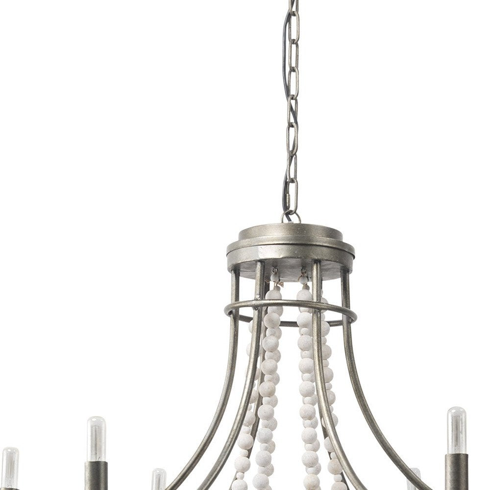 White And Silver Candle Style Six Light Metal and Beads Dimmable Chandelier — view 2