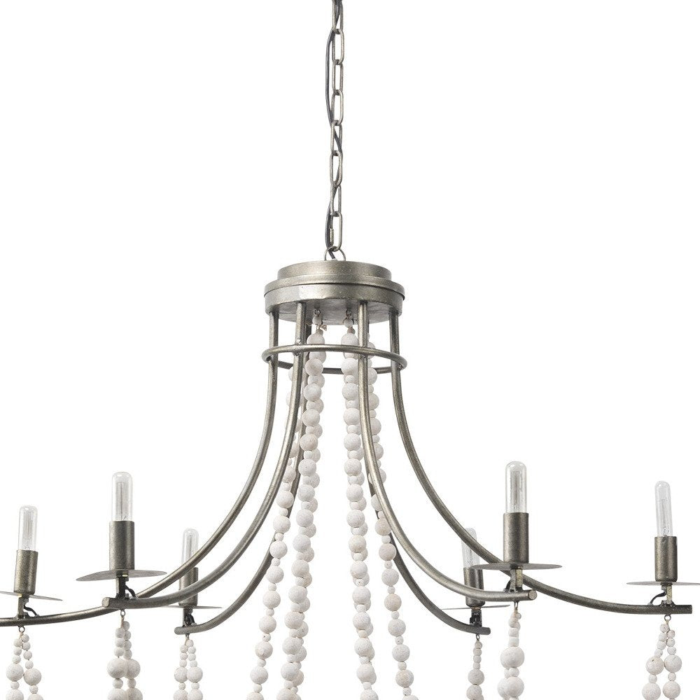 White And Silver Candle Style Six Light Metal and Beads Dimmable Chandelier — view 3