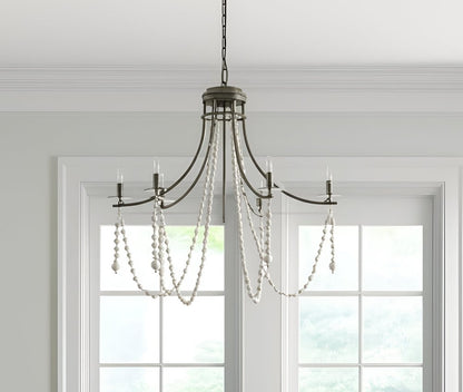 White And Silver Candle Style Six Light Metal and Beads Dimmable Chandelier HomeRoots