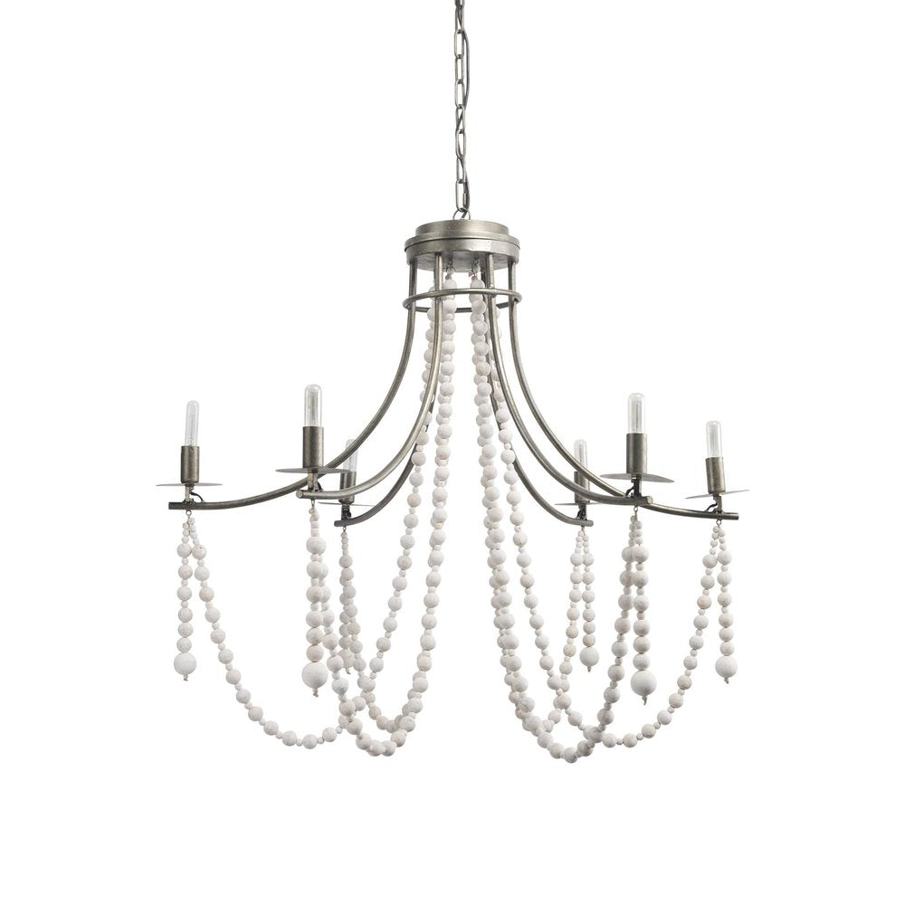 White And Silver Candle Style Six Light Metal and Beads Dimmable Chandelier HomeRoots