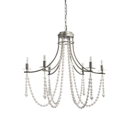 White And Silver Candle Style Six Light Metal and Beads Dimmable Chandelier HomeRoots
