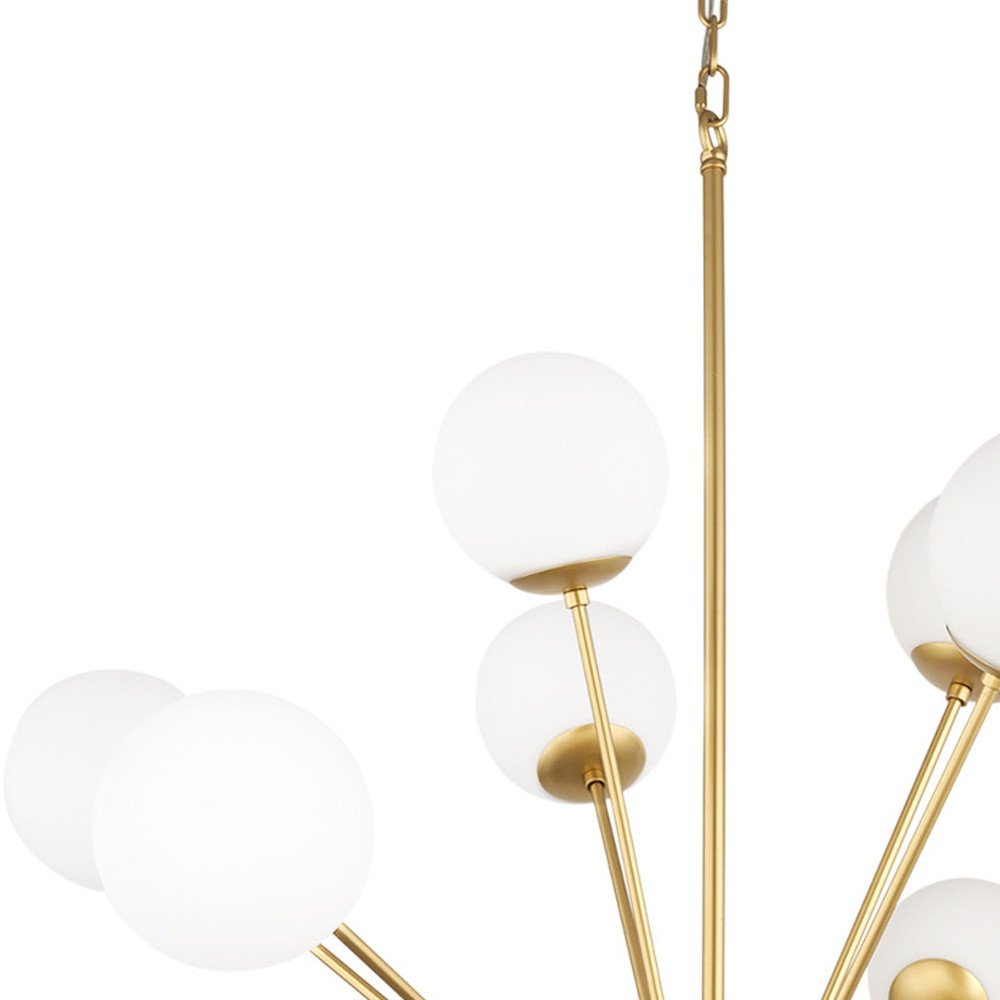 Gold Sputnik Multi Light Frosted Metal and Glass Dimmable Chandelier With White Shades — view 1
