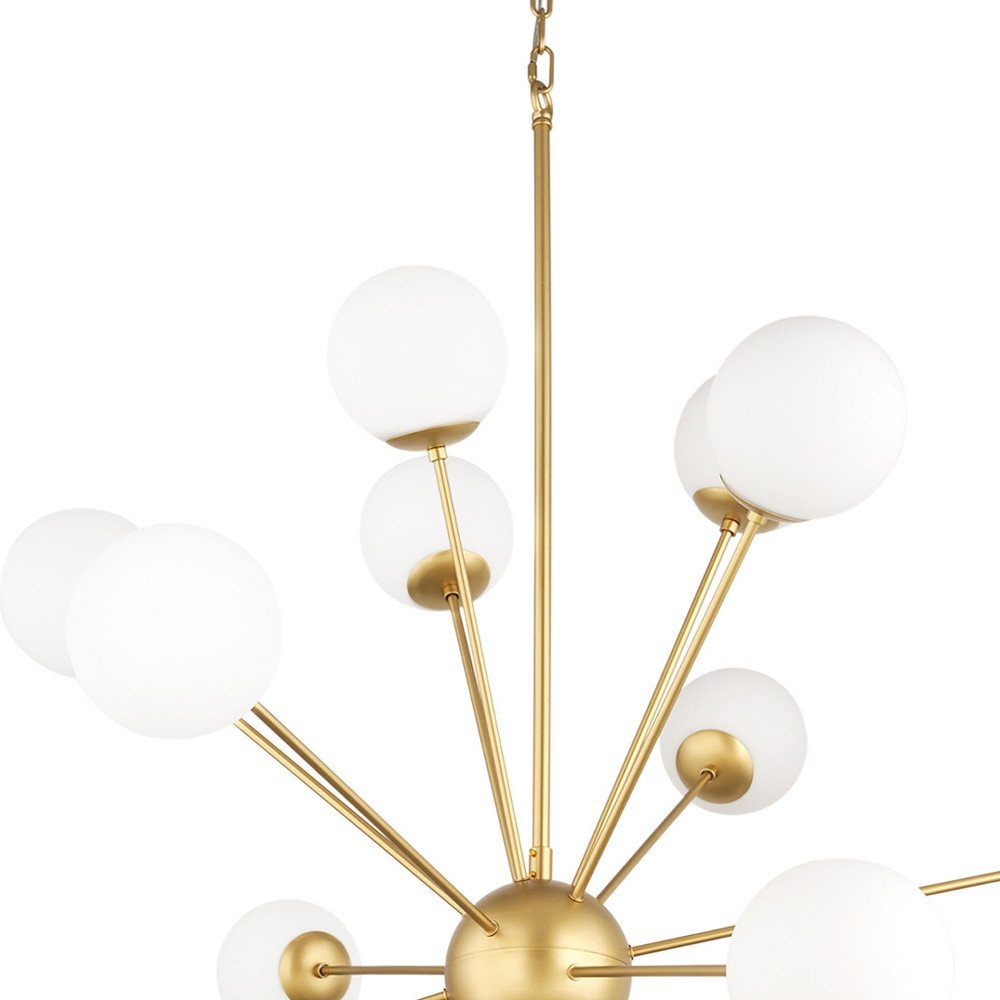 Gold Sputnik Multi Light Frosted Metal and Glass Dimmable Chandelier With White Shades — view 2