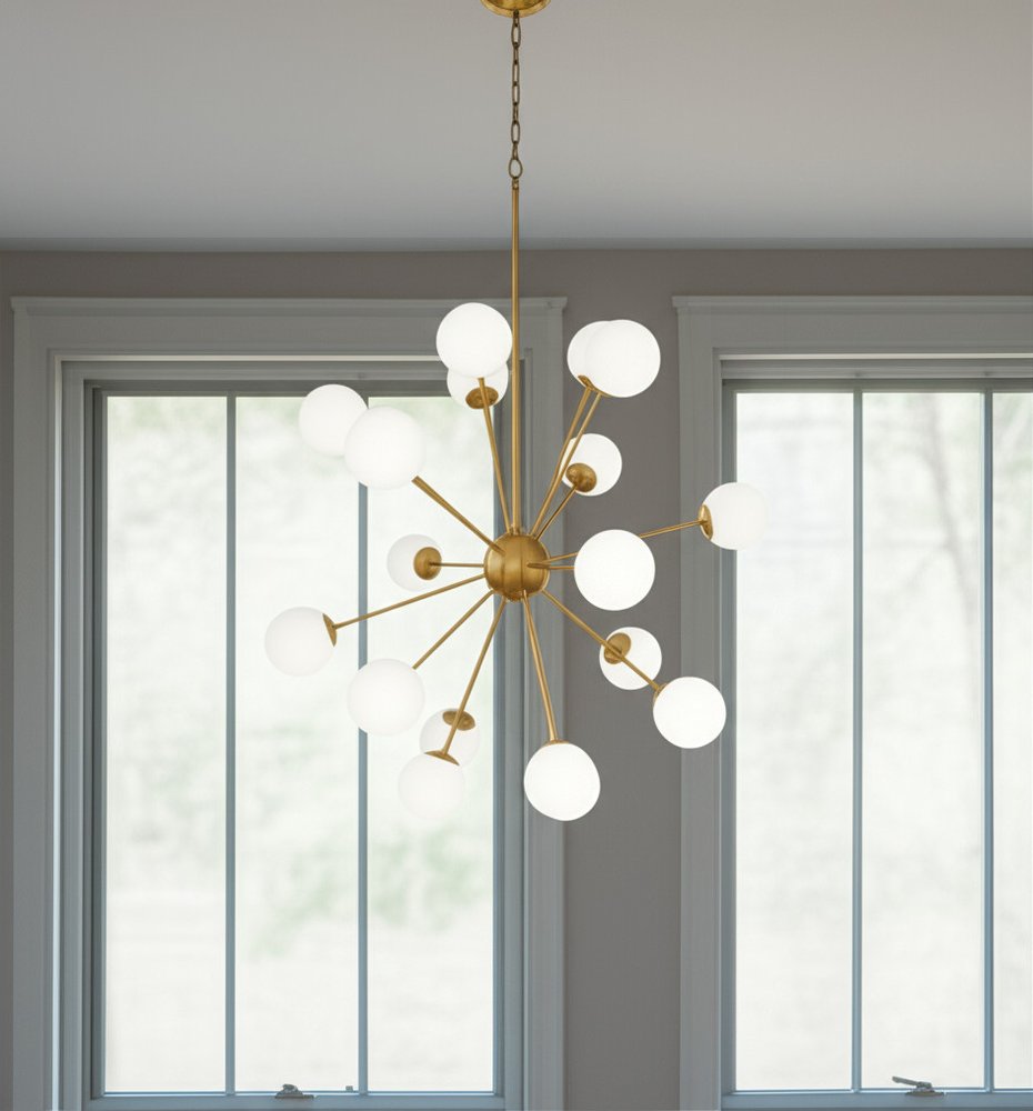 Gold Sputnik Multi Light Frosted Metal and Glass Dimmable Chandelier With White Shades — view 5