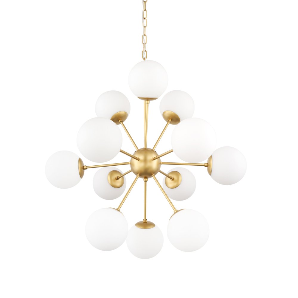Gold Sputnik Eleven Light Frosted Metal and Glass Dimmable Chandelier With White Shades — view 1