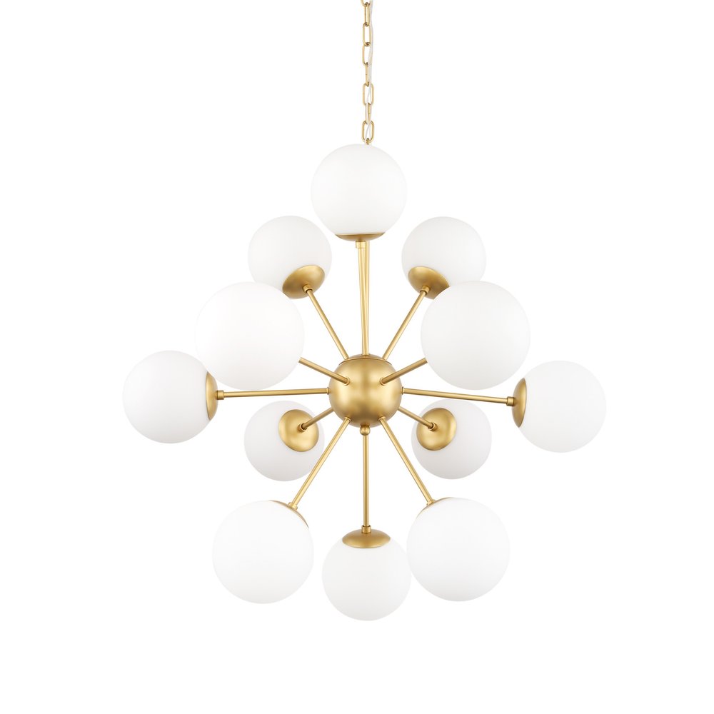 Gold Sputnik Eleven Light Frosted Metal and Glass Dimmable Chandelier With White Shades — view 3