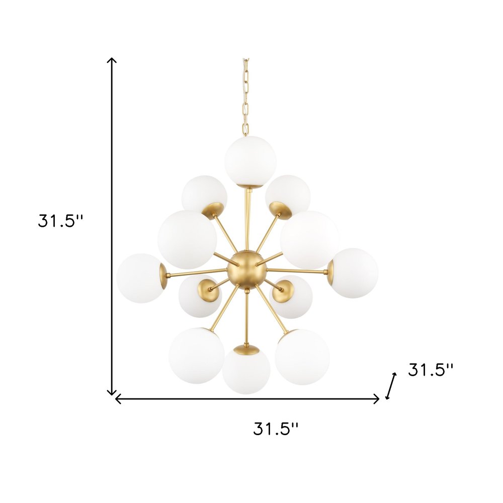 Gold Sputnik Eleven Light Frosted Metal and Glass Dimmable Chandelier With White Shades — view 4