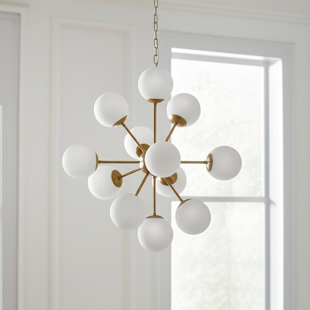 Gold Sputnik Eleven Light Frosted Metal and Glass Dimmable Chandelier With White Shades — view 5
