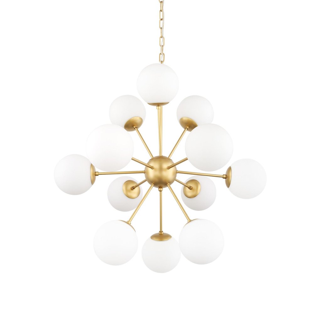 Gold Sputnik Eleven Light Frosted Metal and Glass Dimmable Chandelier With White Shades — view 6