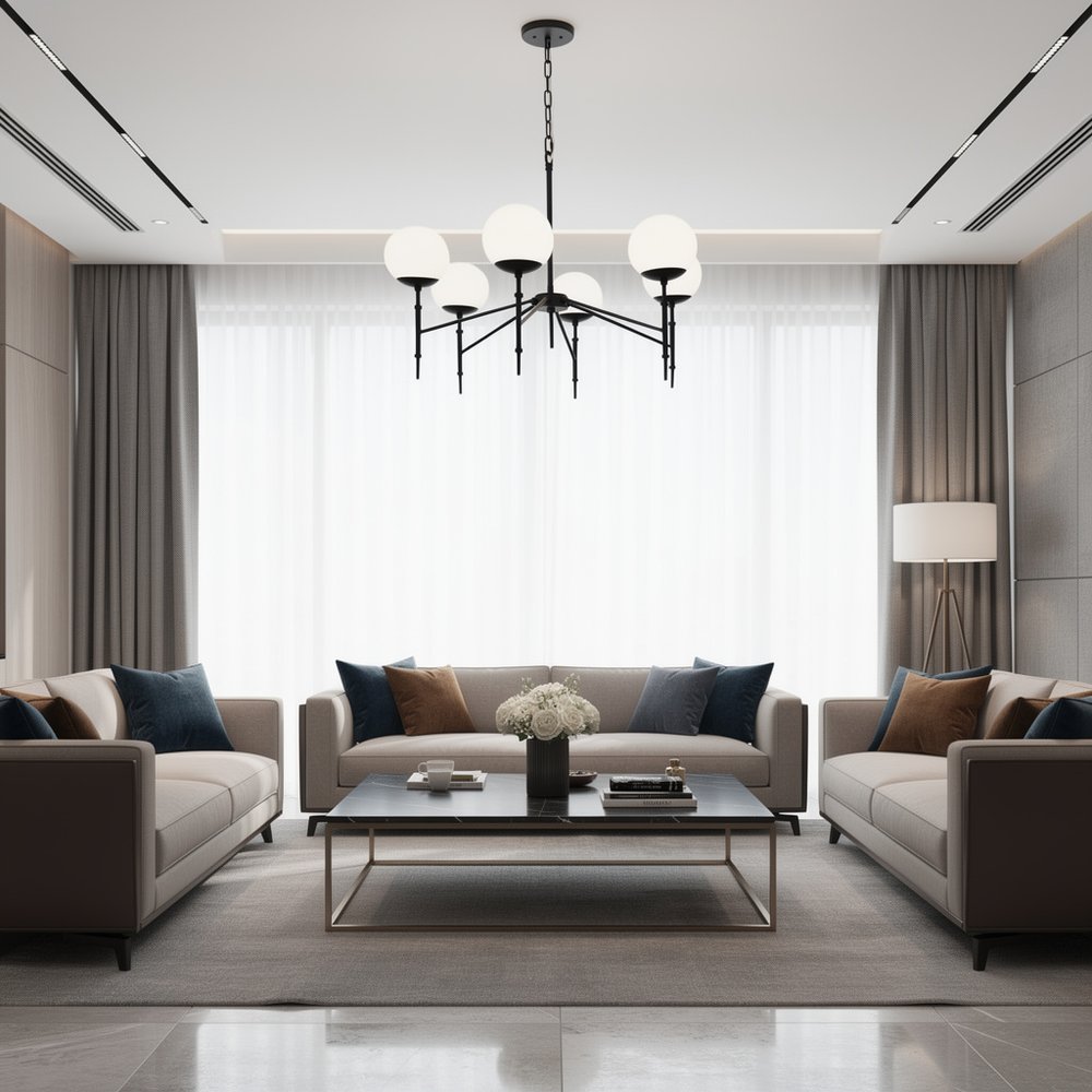 Black Sputnik Six Light Metal and Frosted Glass Dimmable Chandelier HomeRoots