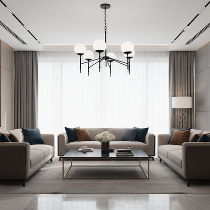 Black Sputnik Six Light Metal and Frosted Glass Dimmable Chandelier HomeRoots
