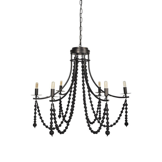 Black Candle Style Six Light Metal and Beads Dimmable Chandelier