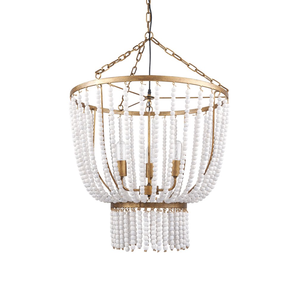 Gold And White Empire Three Light Metal and Beads Dimmable Chandelier — view 1
