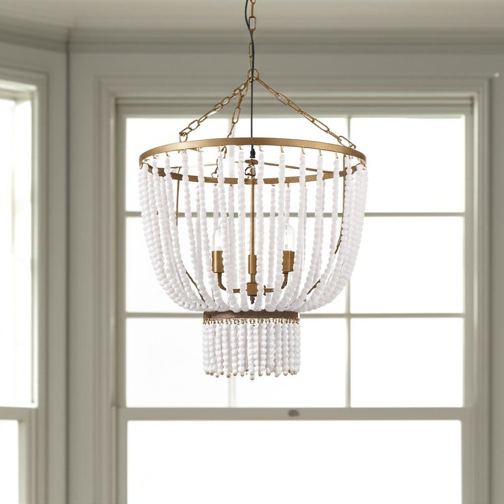Gold And White Empire Three Light Metal and Beads Dimmable Chandelier — view 5