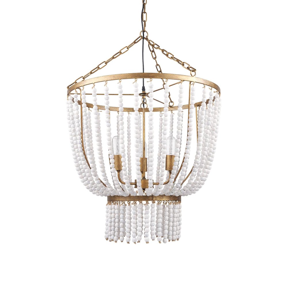 Gold And White Empire Three Light Metal and Beads Dimmable Chandelier HomeRoots