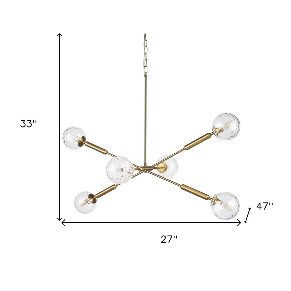 Gold Sputnik Six Light Metal and Glass Dimmable Chandelier With Clear Shades HomeRoots