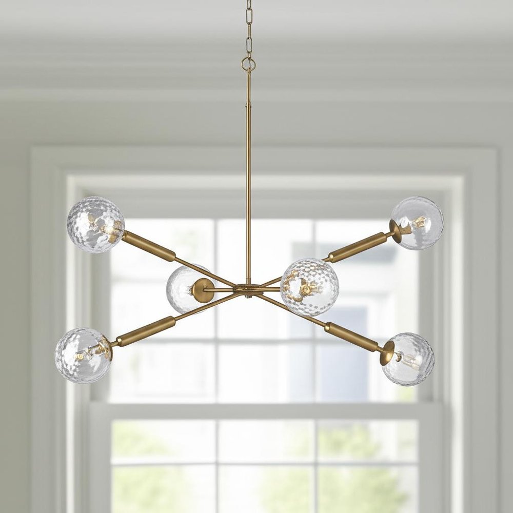 Gold Sputnik Six Light Metal and Glass Dimmable Chandelier With Clear Shades HomeRoots