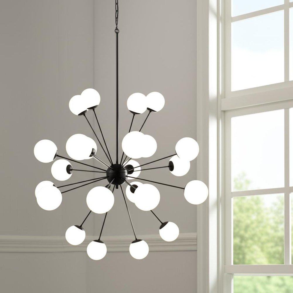 Black Eleven Light Frosted Metal and Glass Dimmable Chandelier With White Shades — view 5
