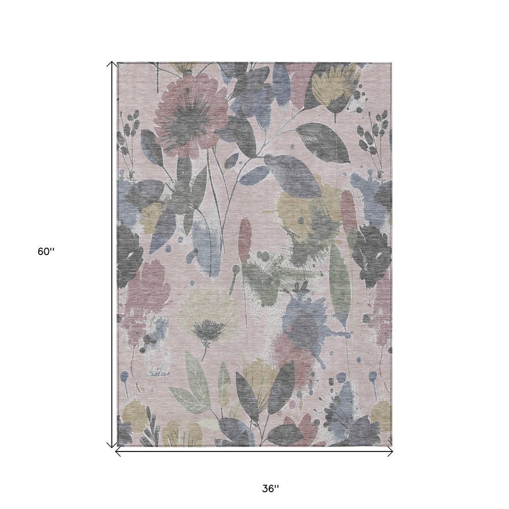 3' X 5' Blush And Mauve Floral Washable Indoor Outdoor Area Rug HomeRoots