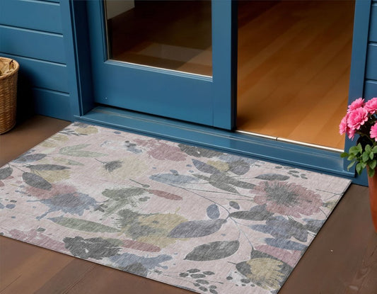 3' X 5' Blush And Mauve Floral Washable Indoor Outdoor Area Rug