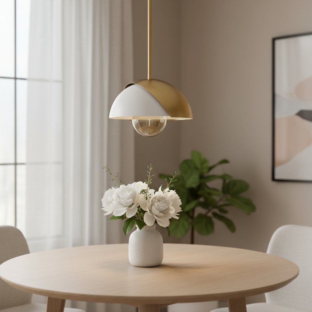Brass And White Single Metal Dimmable Ceiling Light With White Shades — view 5