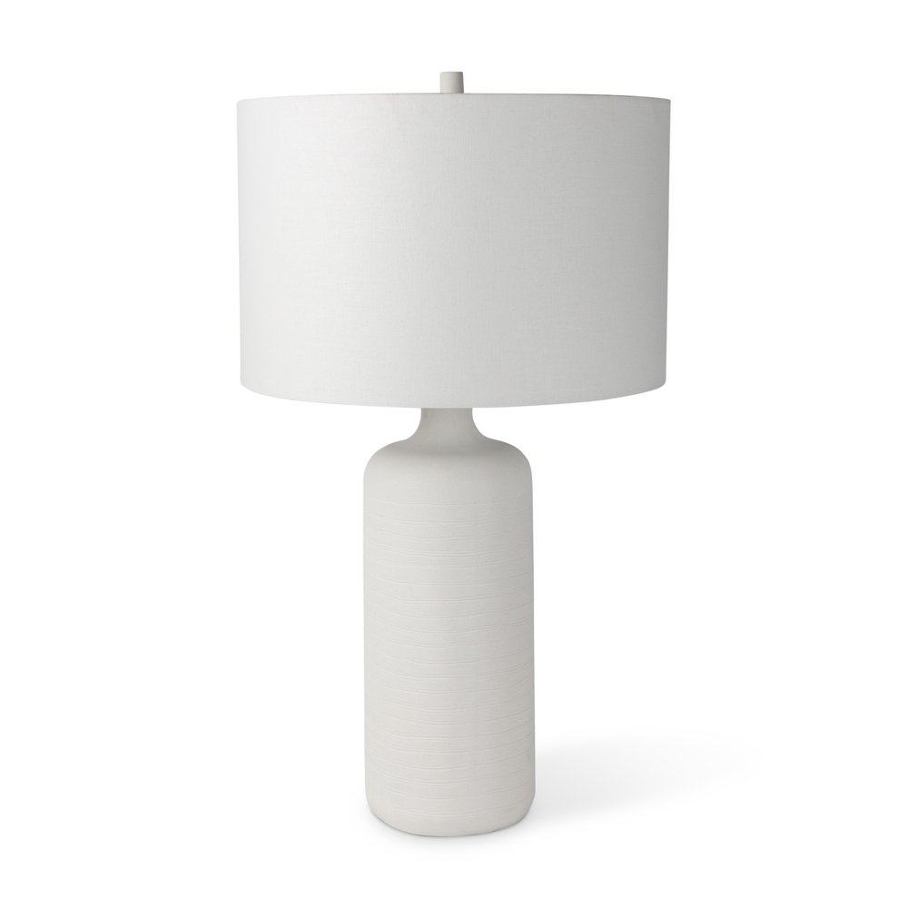 31" White Round Bedside Lamp With Drum Shade — view 1