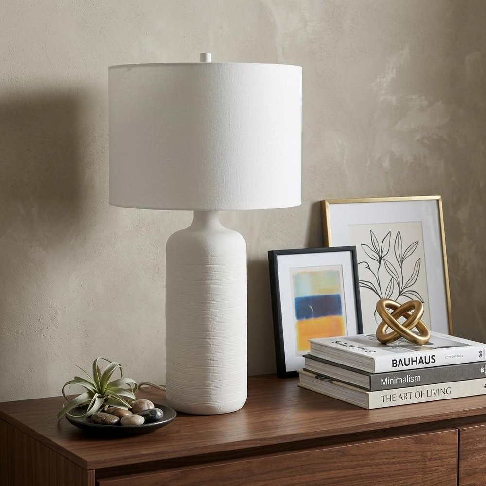 31" White Round Bedside Lamp With Drum Shade — view 5