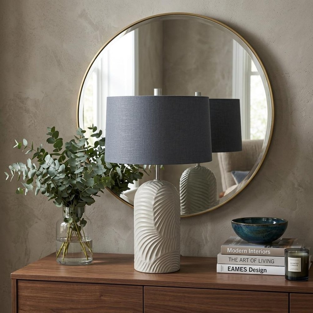29" Beige Round Bedside Lamp With Drum Shade — view 5