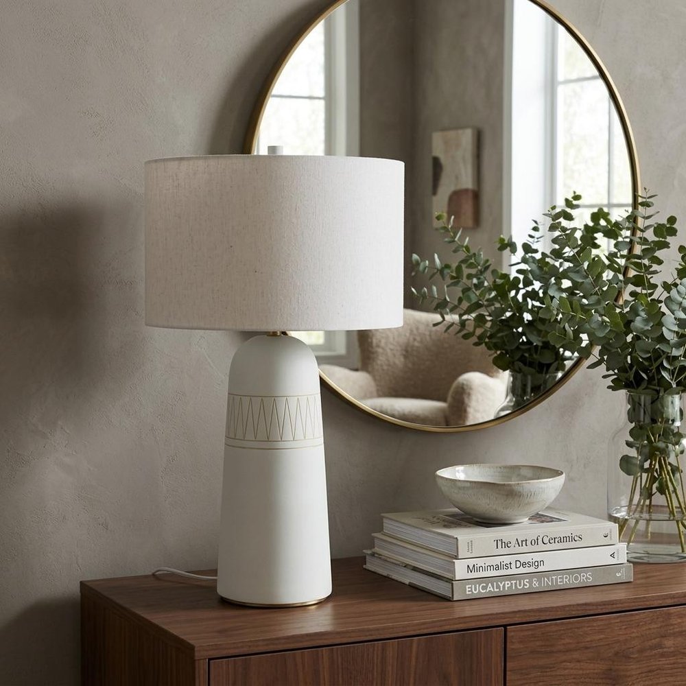 30" Cream Round Bedside Lamp With Drum Shade — view 5