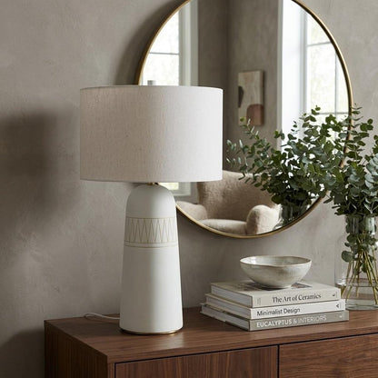 30" Cream Round Bedside Lamp With Drum Shade