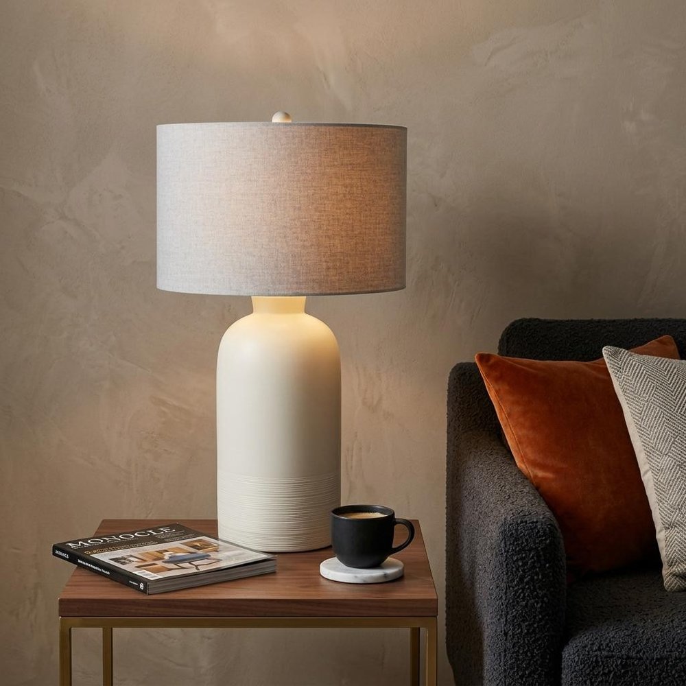 33" Cream Round Bedside Lamp With Drum Shade — view 5