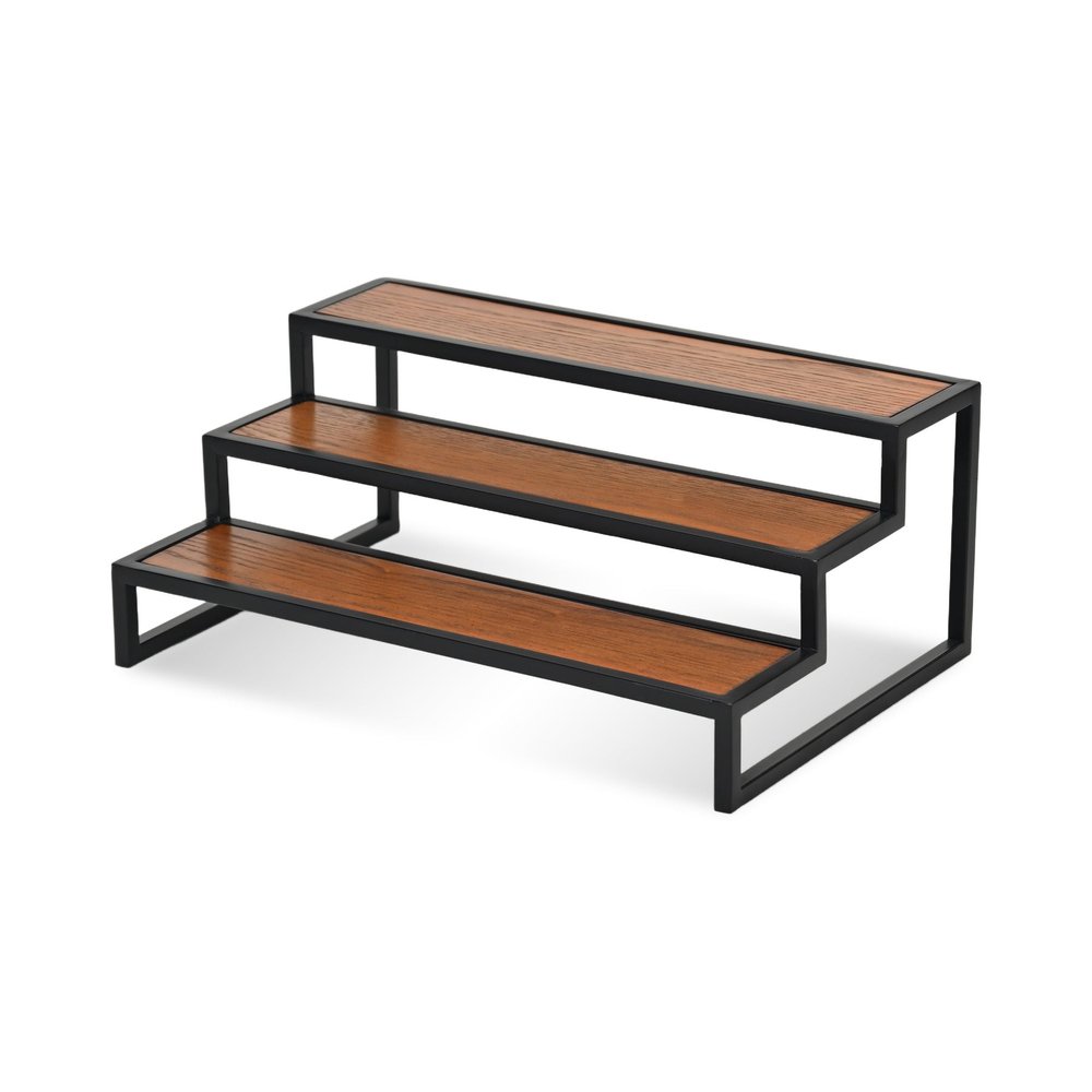 15" Black And Brown Metal And Solid Wood Handmade Three Tier Tray — view 8