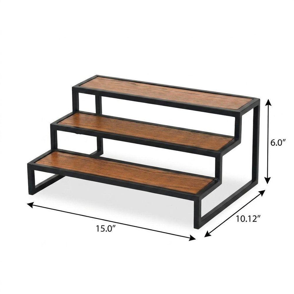 15" Black And Brown Metal And Solid Wood Handmade Three Tier Tray — view 14