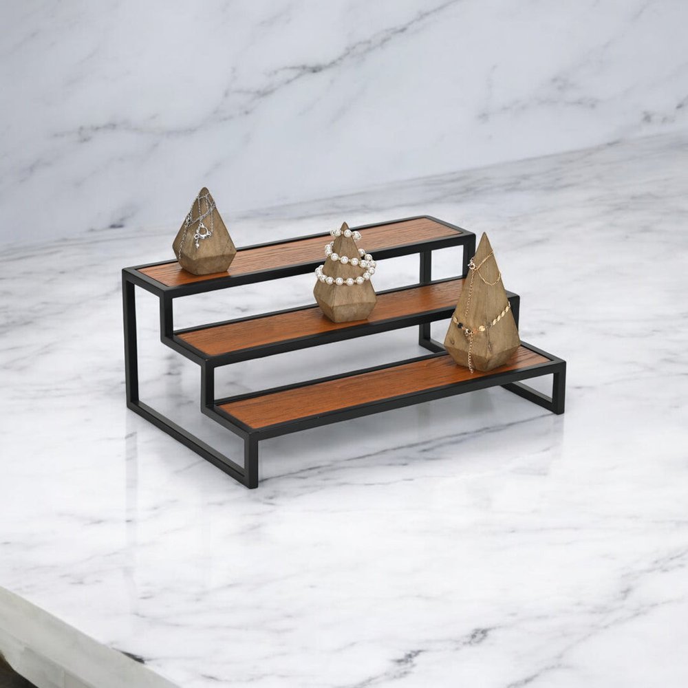 15" Black And Brown Metal And Solid Wood Handmade Three Tier Tray — view 13