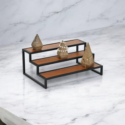15" Black And Brown Metal And Solid Wood Handmade Three Tier Tray HomeRoots