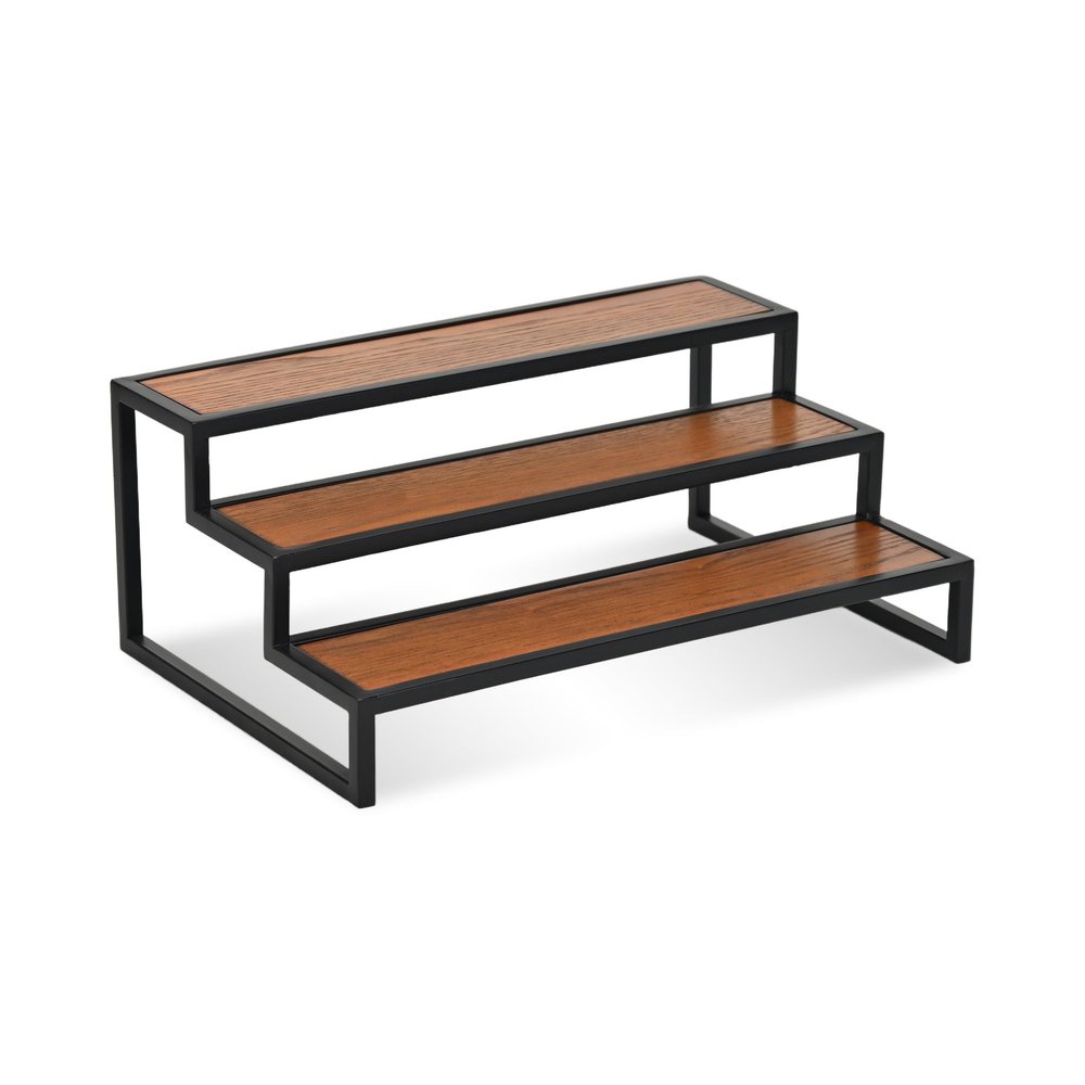 15" Black And Brown Metal And Solid Wood Handmade Three Tier Tray — view 6
