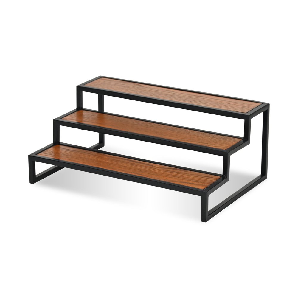 15" Black And Brown Metal And Solid Wood Handmade Three Tier Tray — view 7