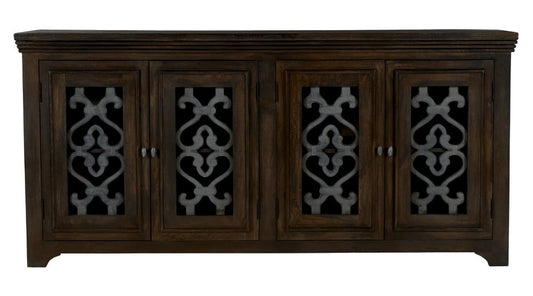 76" Brown Distressed Soldi Wood And Iron Carved Scrollwork Sideboard With Four Glass Doors