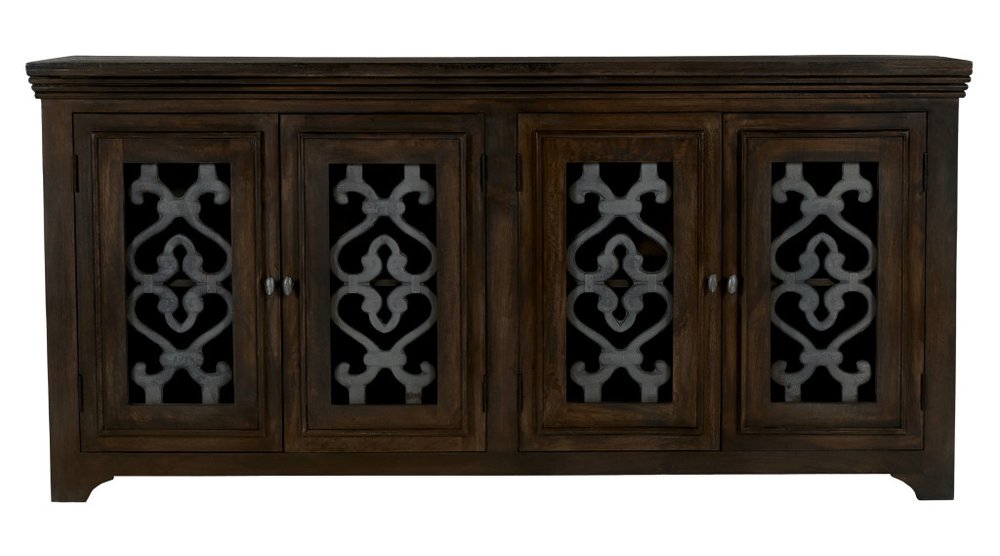 76" Brown Distressed Solid Wood Sideboard Soft Close with Four Glass Doors HomeRoots