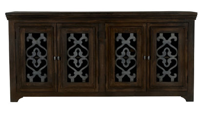 76" Brown Distressed Solid Wood Sideboard Soft Close with Four Glass Doors HomeRoots