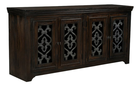 76" Brown Distressed Soldi Wood And Iron Carved Scrollwork Sideboard With Four Glass Doors