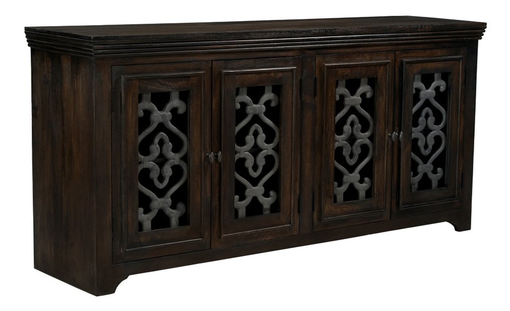 76" Brown Distressed Solid Wood Sideboard Soft Close with Four Glass Doors HomeRoots